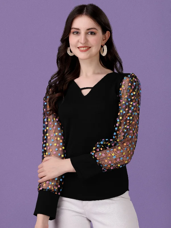 Casual  Fit Slim Regular Sleeves Solid, Polka Print Women Black Top