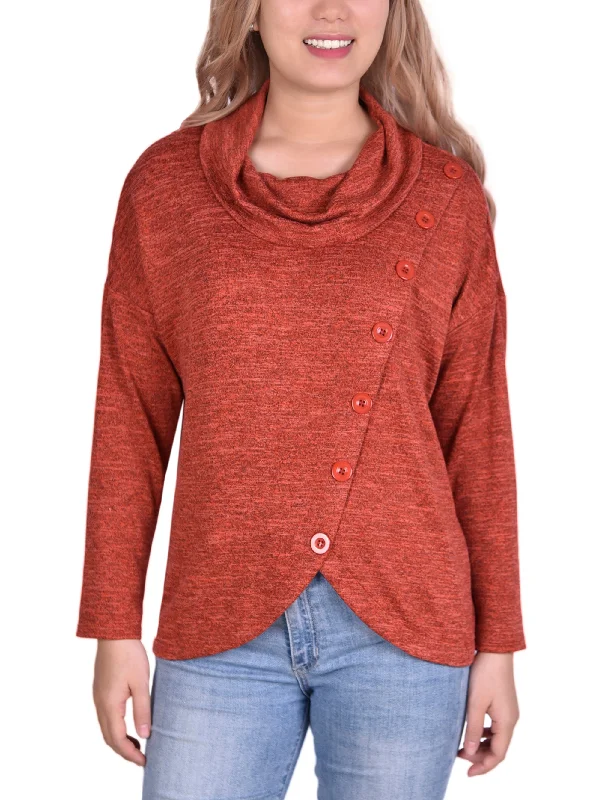 Long Sleeve Cowl Neck Top With Button Detail