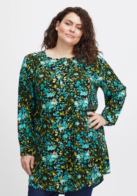 Fransa Curve Floral Print Tunic Blouse, Porcelain Green