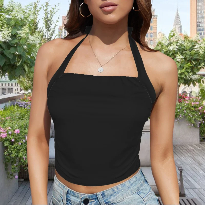 Halter Top with Neck Tie Back Black