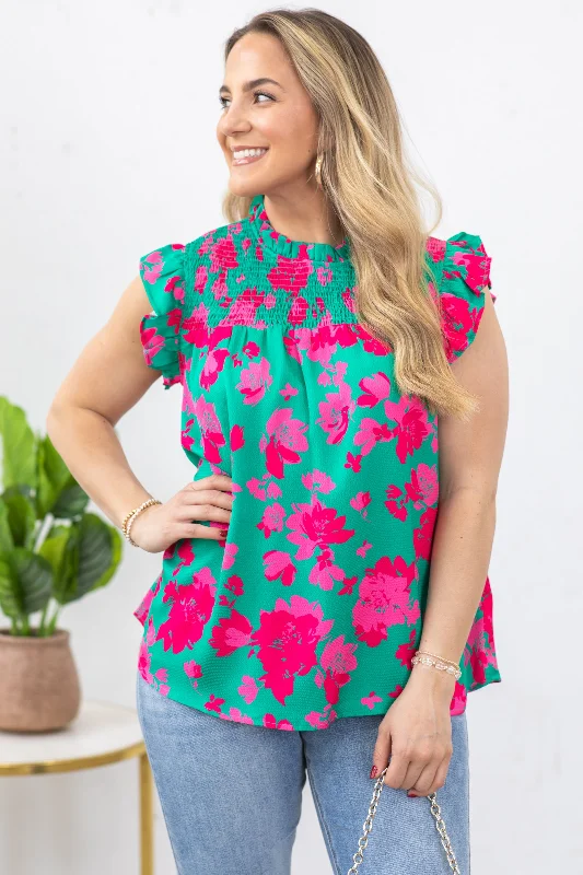 Jade And Pink Floral Shirred Yoke Woven Top