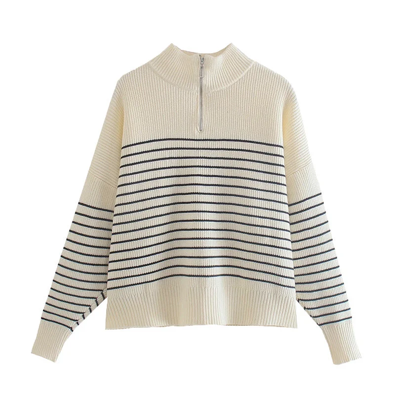 Versatile loose lazy high neck striped sweater  7343