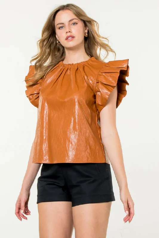 Josie Vegan Leather Flutter Sleeve Top in Camel