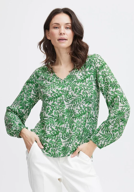 Fransa Ilje V- Neck Leaf Print Top, Online Lime