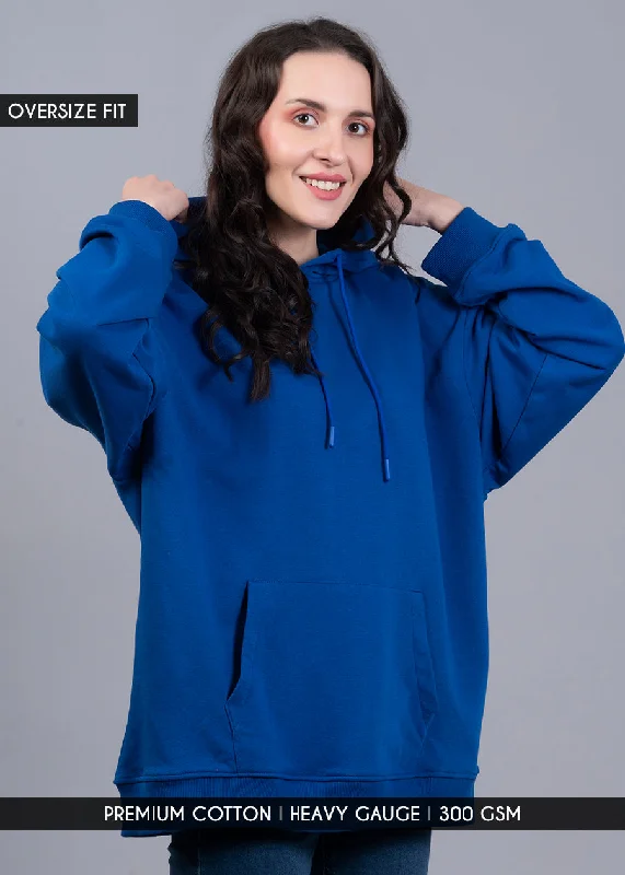 Solid Royal Blue Women Drop Shoulder Terry Hoodie