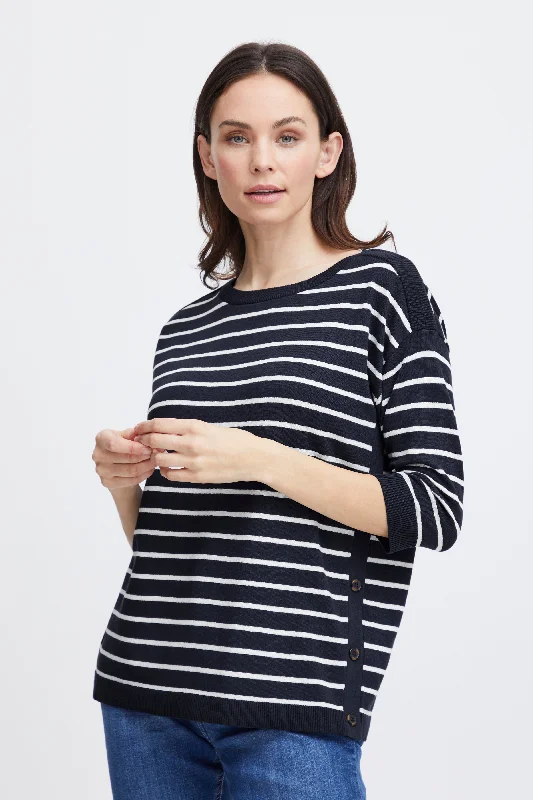 Fransa Lilli Button Side Striped Top, Navy