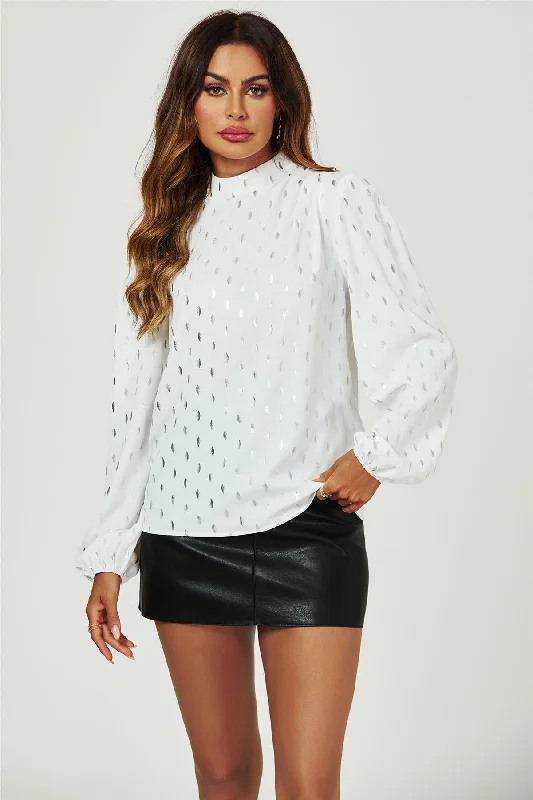 FS Collection Silver Foil Long Sleeve High Neck Top In White