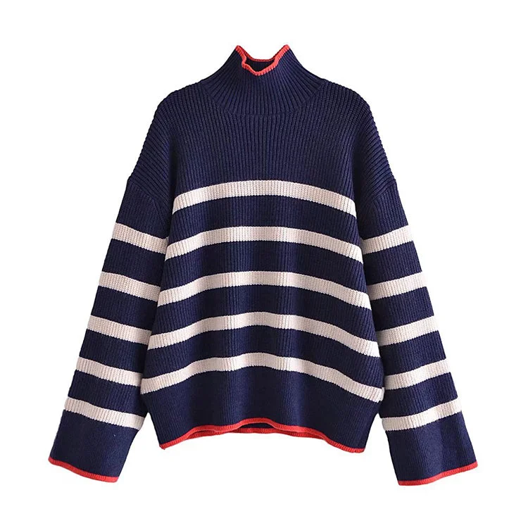 Loose Vintage high neck contrast striped sweater sweater sweater  7347