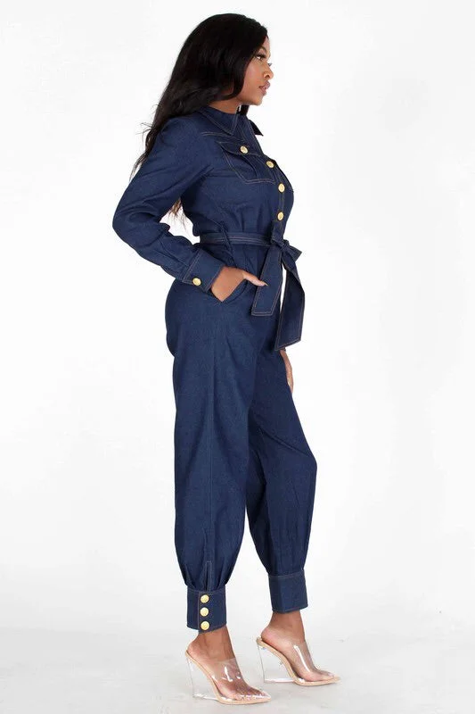 LONG SLEEVE DENIM JUMPSUIT.