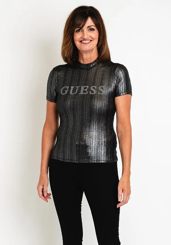 Guess Womens Shimmer Stripped T-Shirt, Black