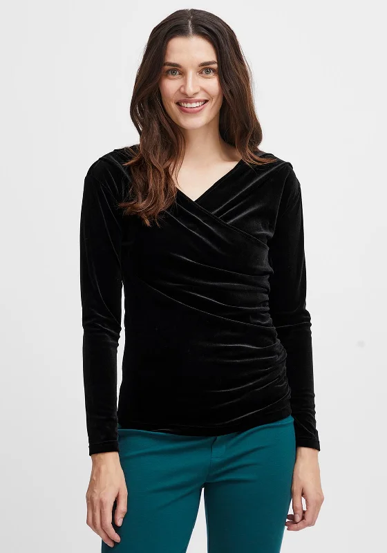 Fransa Cassandra Velour Ruched Wrap Top, Black