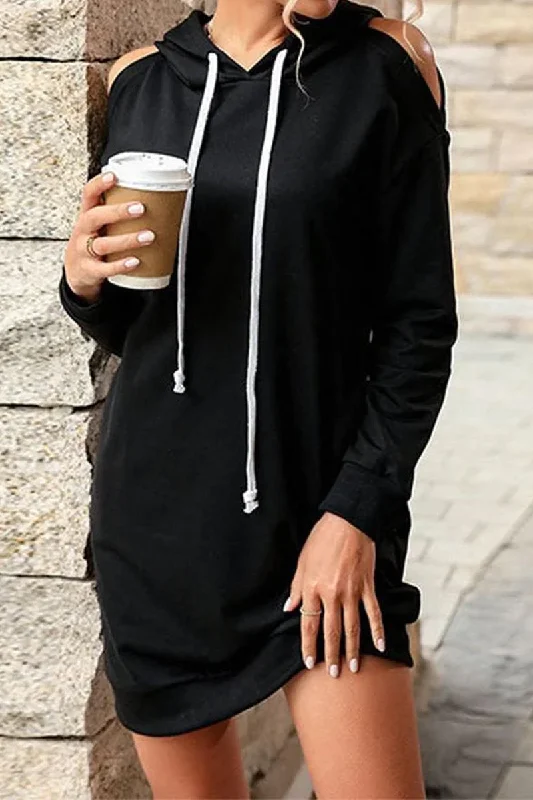 OFF SHOULDER HOODED CASUAL DRESS