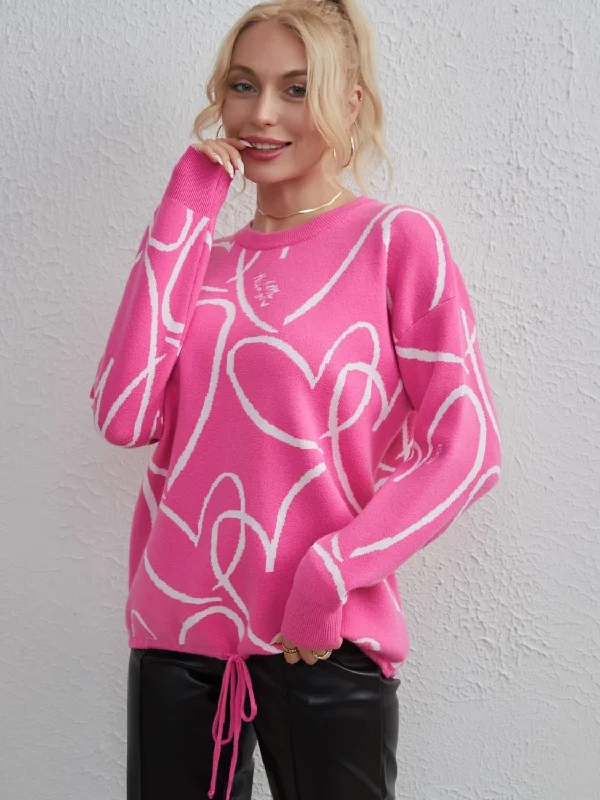 TastyHottie - Heart Pattern Drawstring Hem Sweater