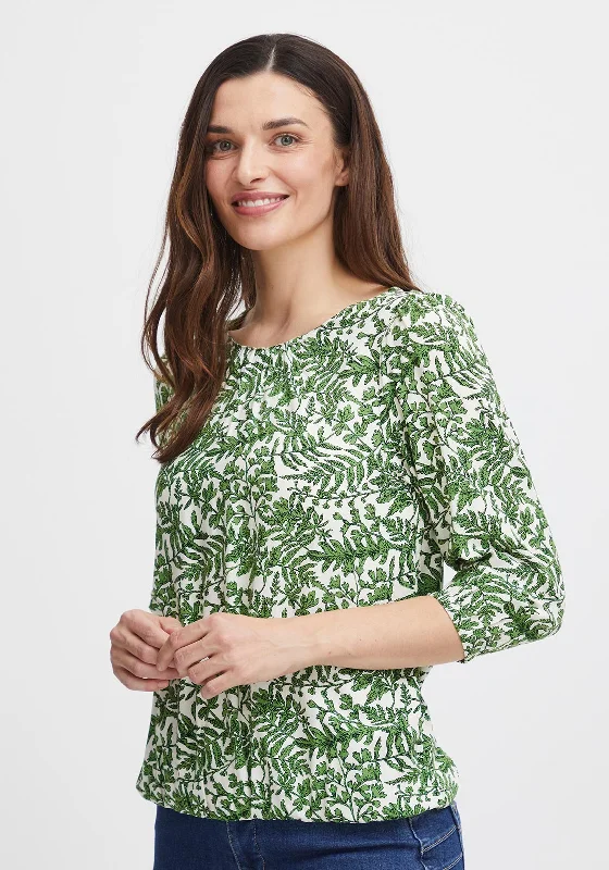 Fransa Ilje Round Neck Leaf Print Top, Online Lime