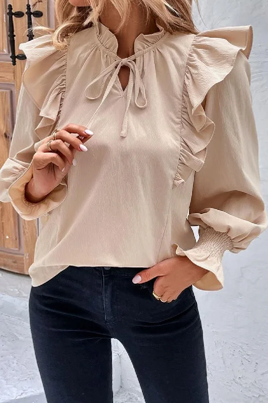 TIED NECK FUNGUS SLEEVE SOLID BLOUSE