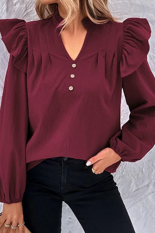 V NECK RUFFLED BUTTON SOLID COLOR BLOUSE