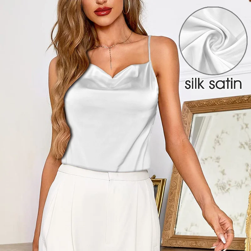 Pearl White Drop Neck Silky Satin-like Cami Top