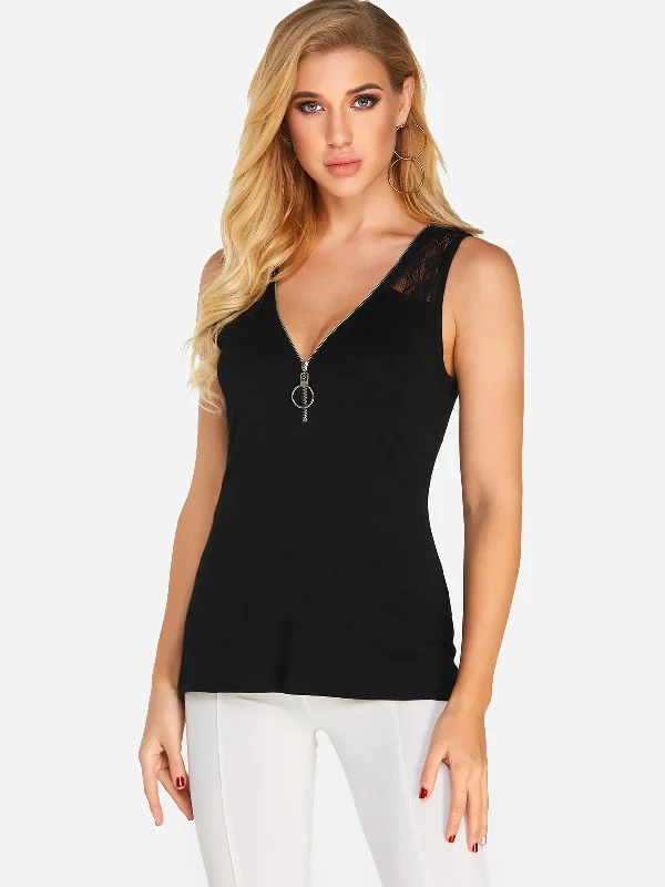 Custom V-Neck Lace Zip Back Sleeveless Black Tank Top