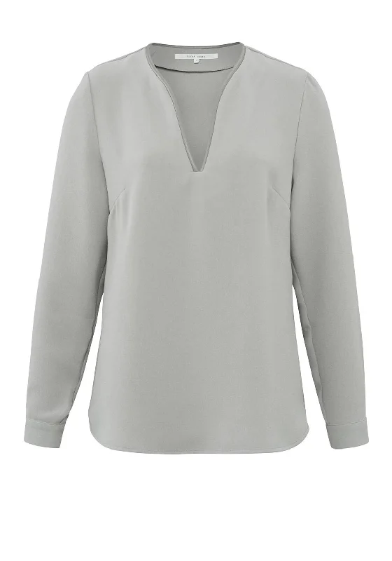 YAYA Faux Leather Accent V-Neck Blouse, Paloma Grey