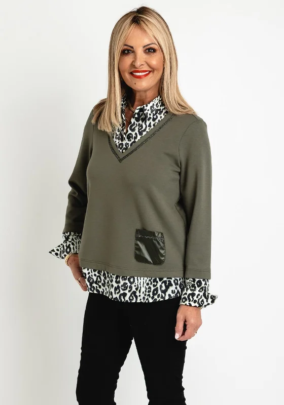 Just White Two in One Leopard Print Sweater and Shirt Set, Khaki