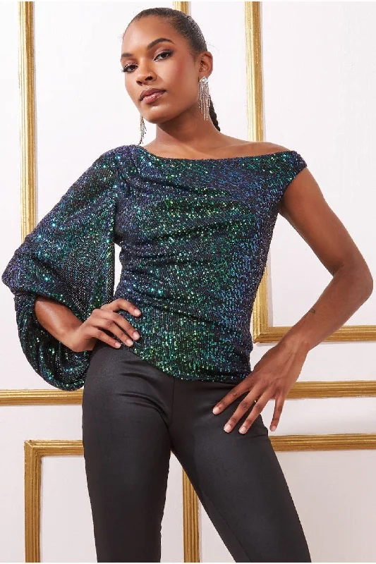 Goddiva Asymmetric Sequin Balloon Sleeve Top - Emerald