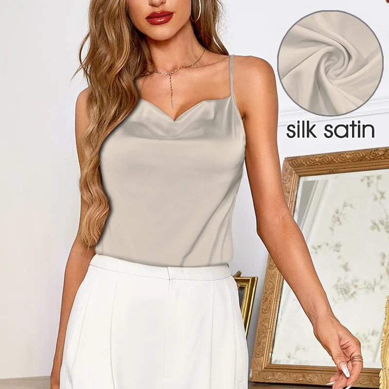 Light Beige Drop Neck Silky Satin-like Cami Top