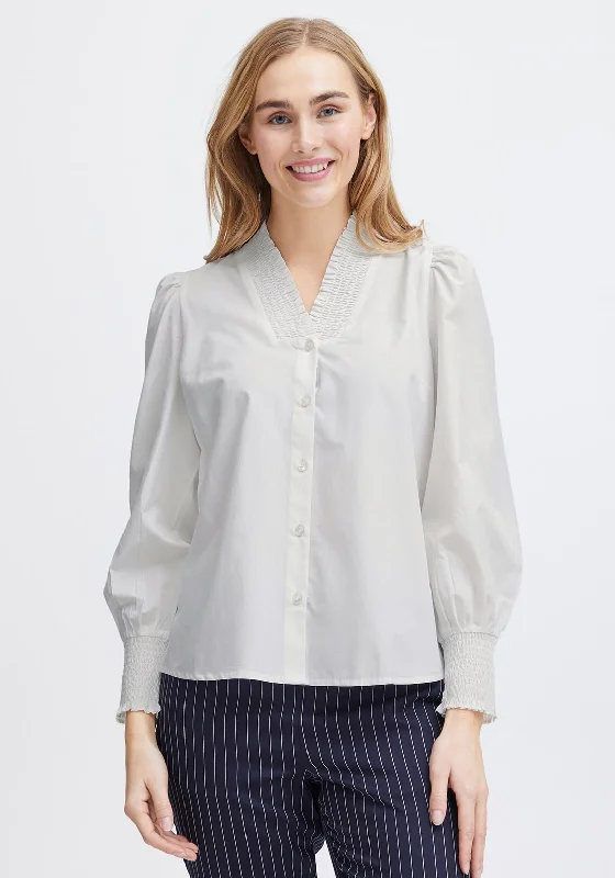 Fransa Pops Shirred V-Neckline Blouse, Blanc De Blanc