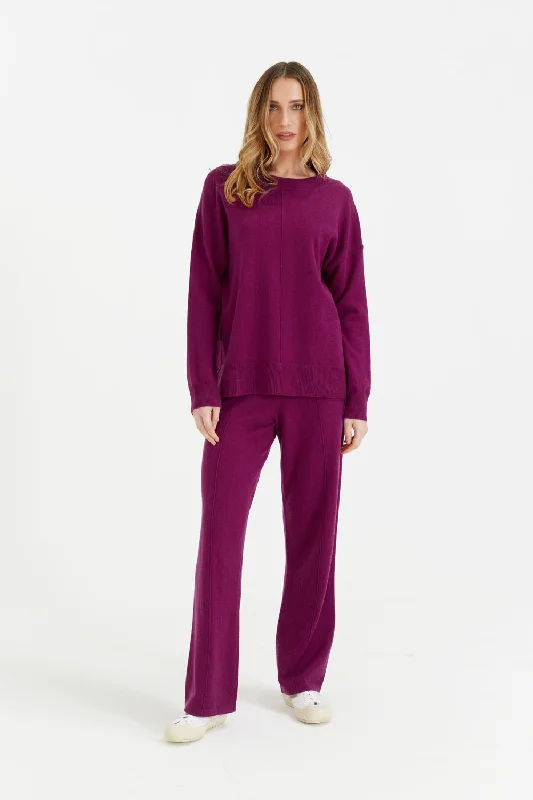 Grape Wool-Cashmere Wide-Leg Track Pants