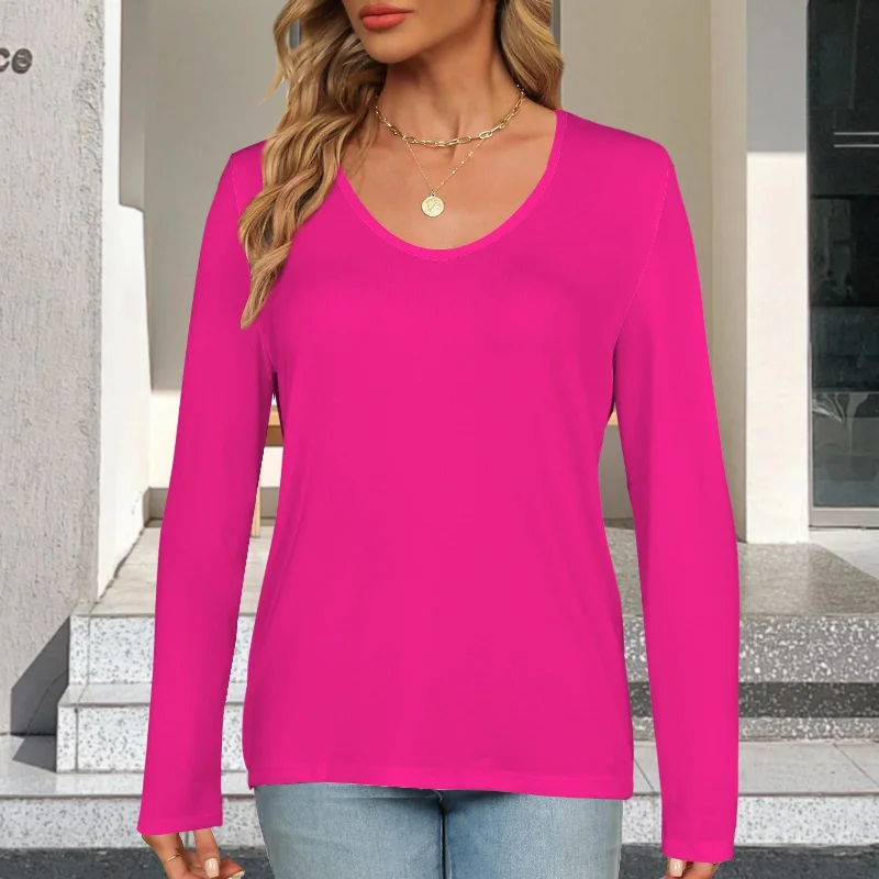 V Neck Long Sleeve Pullover Top Magenta