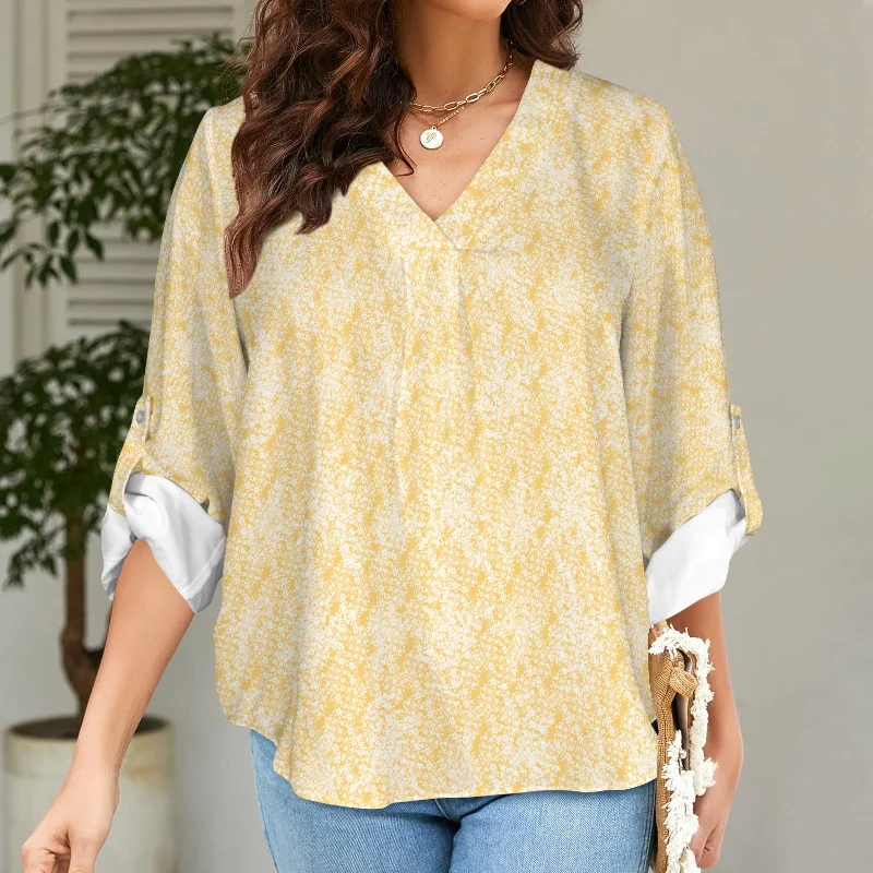 Golden Yellow & White Floral Print V-Neck Cuffed Sleeve Blouse