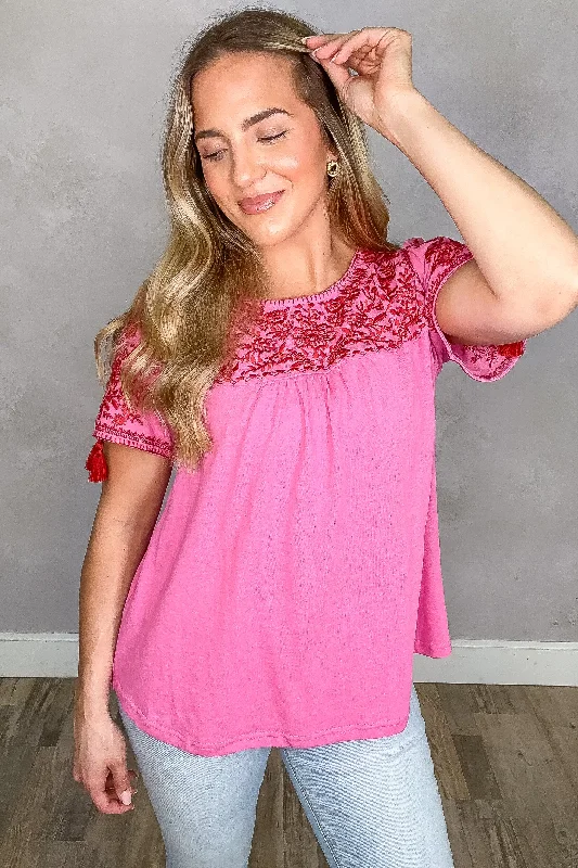 Pink Embroidery Woven Top With Tassels