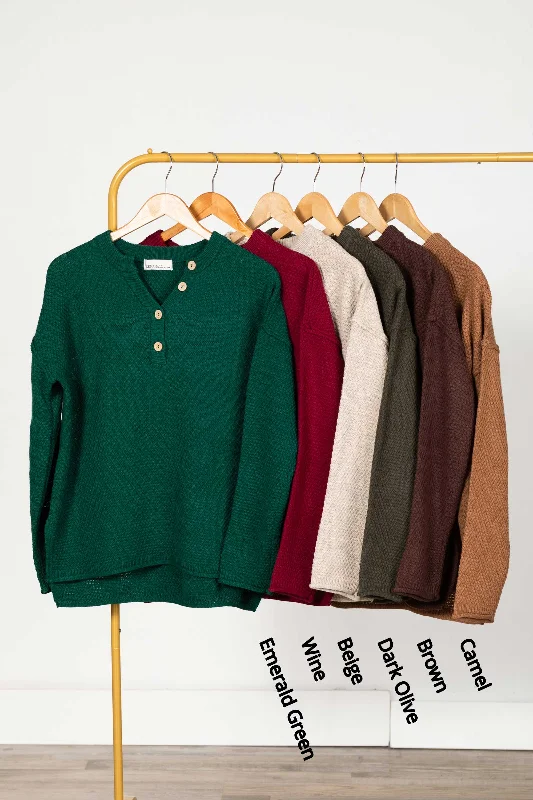 Button Henley Neckline Basic Sweater