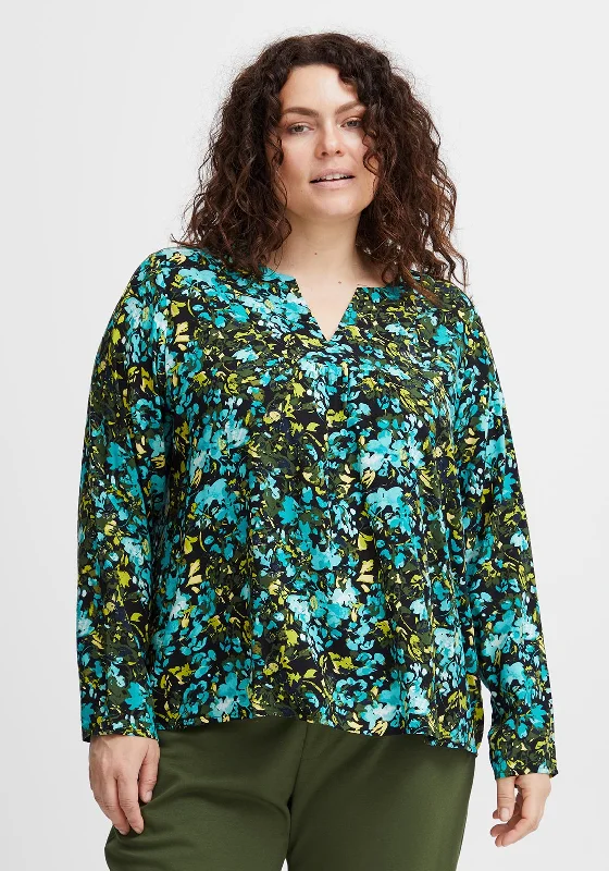 Fransa Curve Floral Print Blouse, Porcelain Green