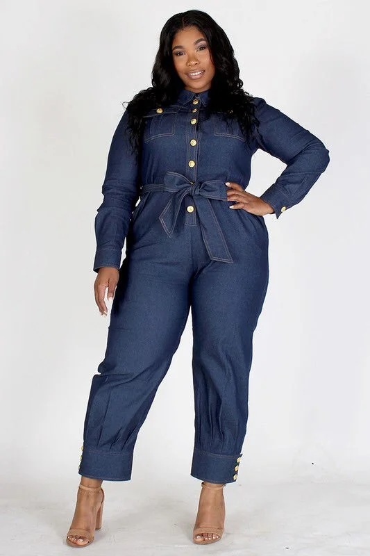 PLUS LONG SLEEVE DENIM JUMPSUIT.