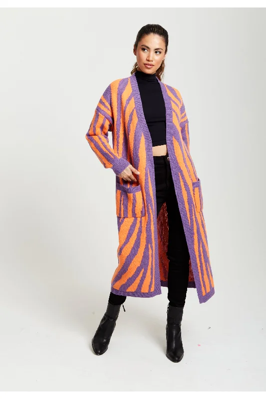 Liquorish Longline Cardigan In Orange And Purple