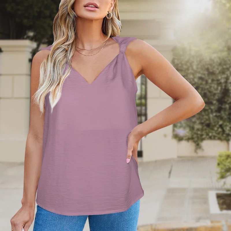 V-Neck Knotted Sleeveless Tank Tops Mauve