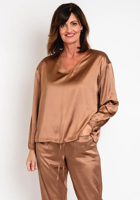 Natalia Collection One Size Satin Drawstring Top, Caramel