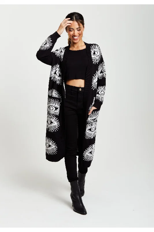 Liquorish Eye Pattern Longline Cardigan In Black