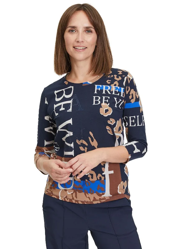 Betty Barclay Text Print Top, Blue & Camel