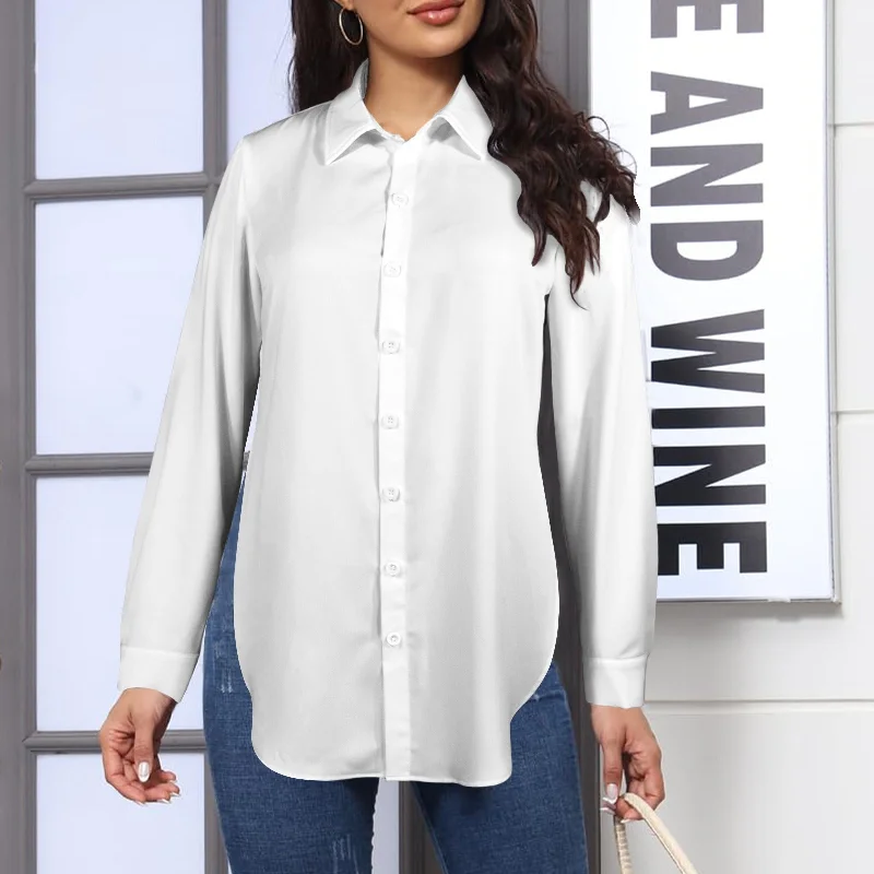 Button Front Long Sleeve Shirt with Split Sides White