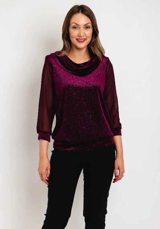 Leon Collection Cowl Neck Shimmer Blouse, Mulberry