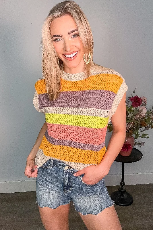 Tan Crochet Multi Stripe Knit Sweater Top