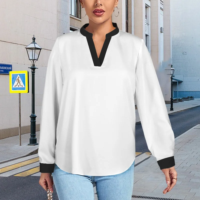 V-Neck Long Sleeve Blouse White Black