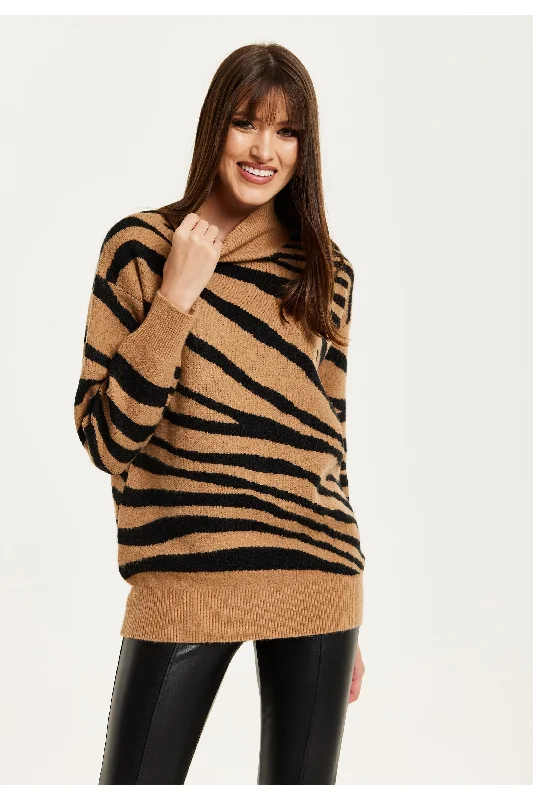 Liquorish Zebra Pattern High Neck Jumper In Brown And Black