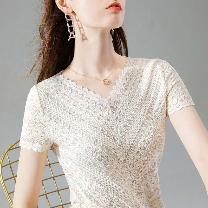 Julia Fashion - Cream Color Hollow Lace T-shirt