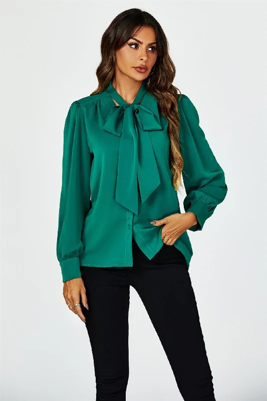 FS Collection Tie Detail Long Sleeve Blouse Top In Green