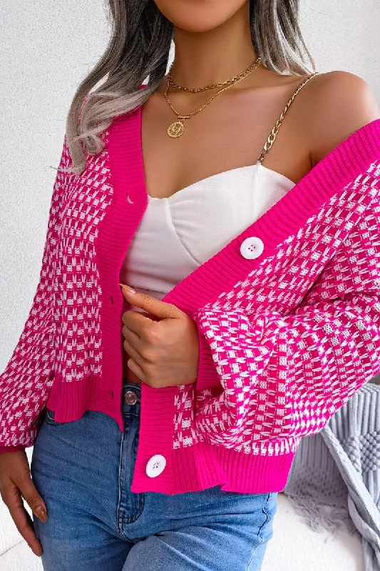 WOMEN PATCHWORK KNIT BIG BUTTON DOWN CARDIGAN